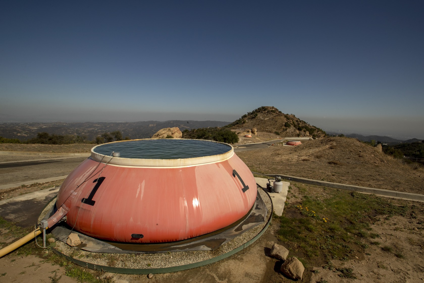 A 6,000-gallon “pumpkin” at Los Angeles County helispot 69 Bravo, an outpost atop Saddle Peak in the Santa Monica Mountains. 